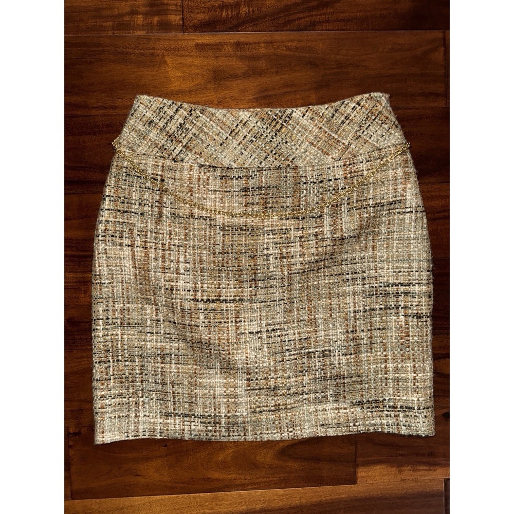 Worthington Tweed Chain Detail Pencil Skirt Women's Size 10 Neutral Metallic